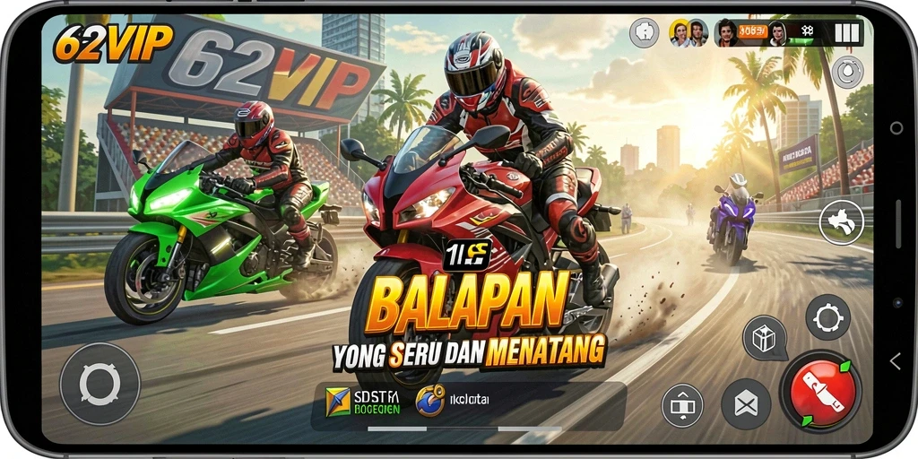Gameplay seru di <strong>62VIP</strong> dengan balapan motor yang menantang.