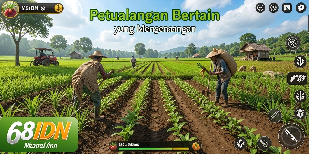 Screenshot gameplay 68IDN menampilkan kebun yang subur dan beragam tanaman.