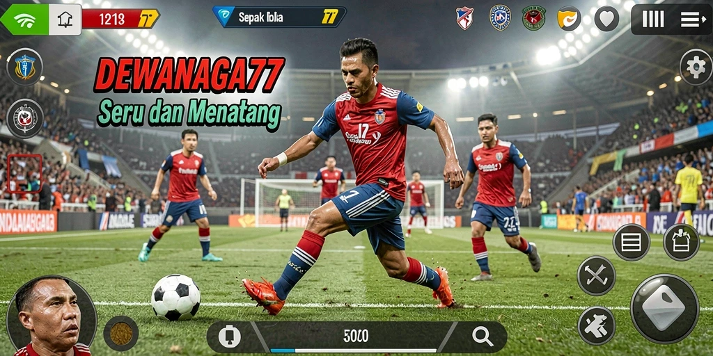 Tampilan gameplay DEWANAGA77 dengan aksi sepak bola yang intens.