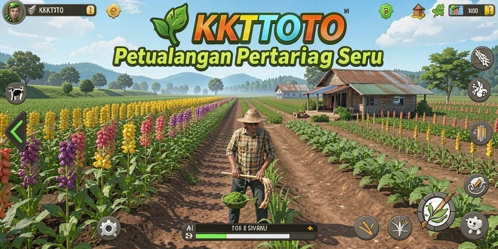 Screenshot tampilan ladang di KPKTOTO dengan tanaman subur dan hewan ternak.
