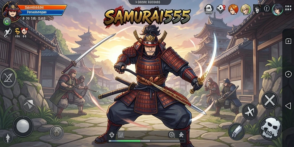 Tampilan gameplay mendebarkan dalam SAMURAI555 dengan aksi samurai yang intens.
